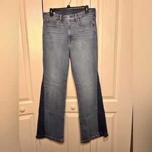GAP Women’s 70’s Flare High‎ Rise Blue Denim Jeans Size 31 Stretch Raw Hem